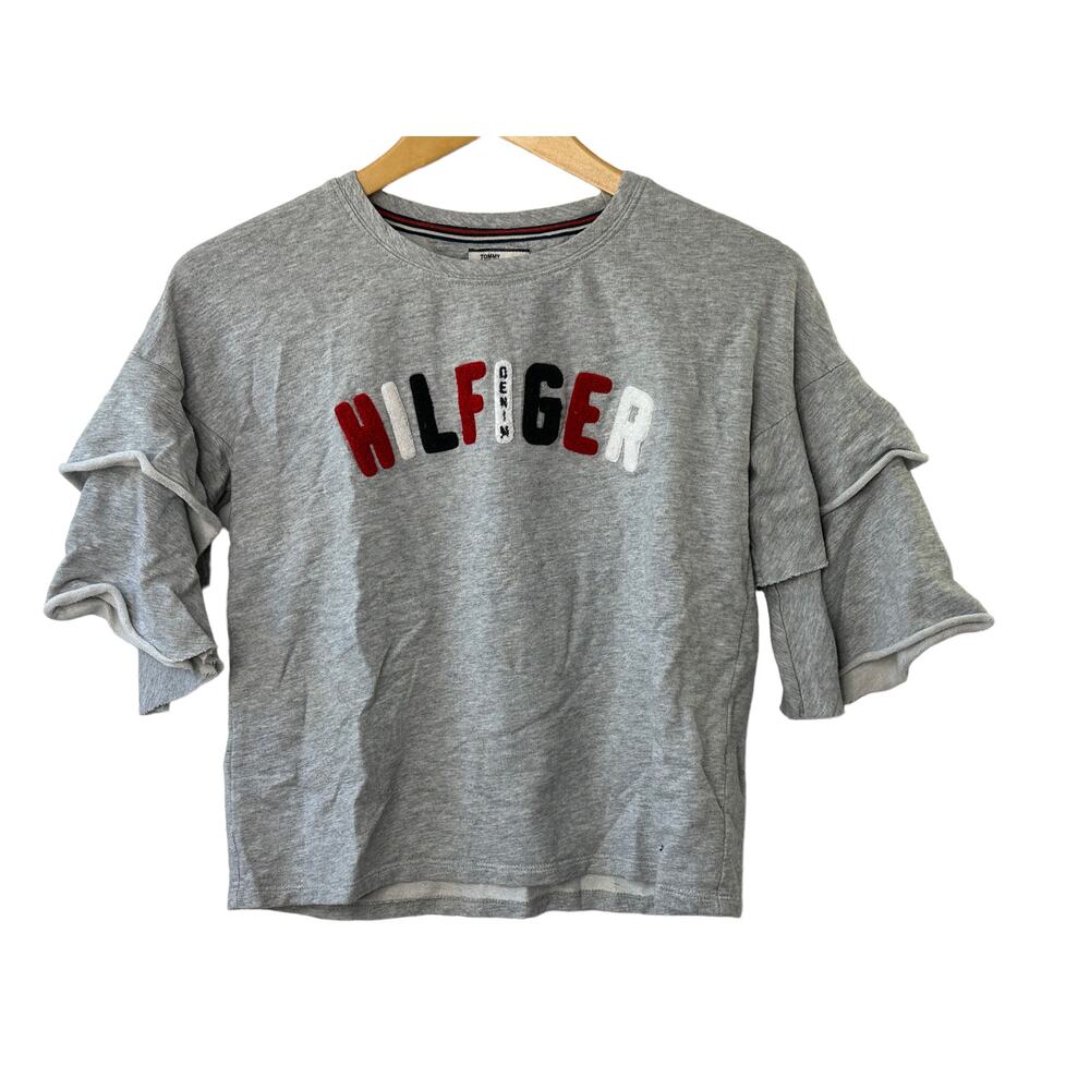 Tommy Hilfiger Gray Spell Out 3/4 Ruffle Sleeve Lightweight Sweatshirt Sz XS